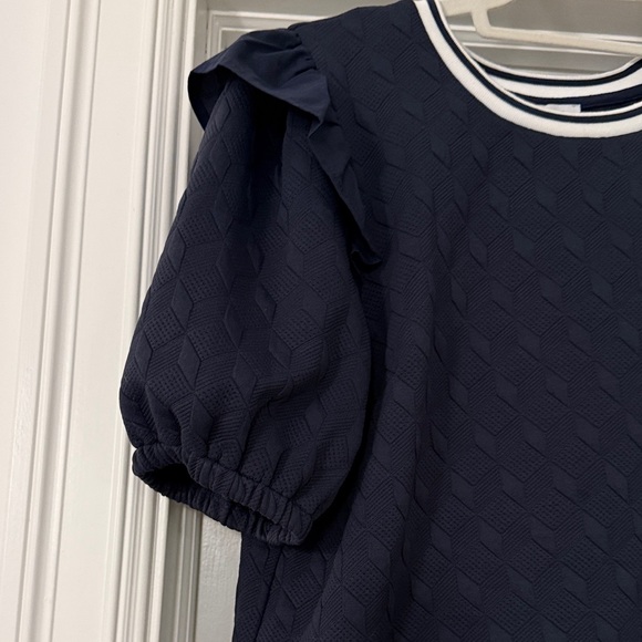 Voy Navy and White Blouse with Ruffle Sleeves - Picture 2 of 5